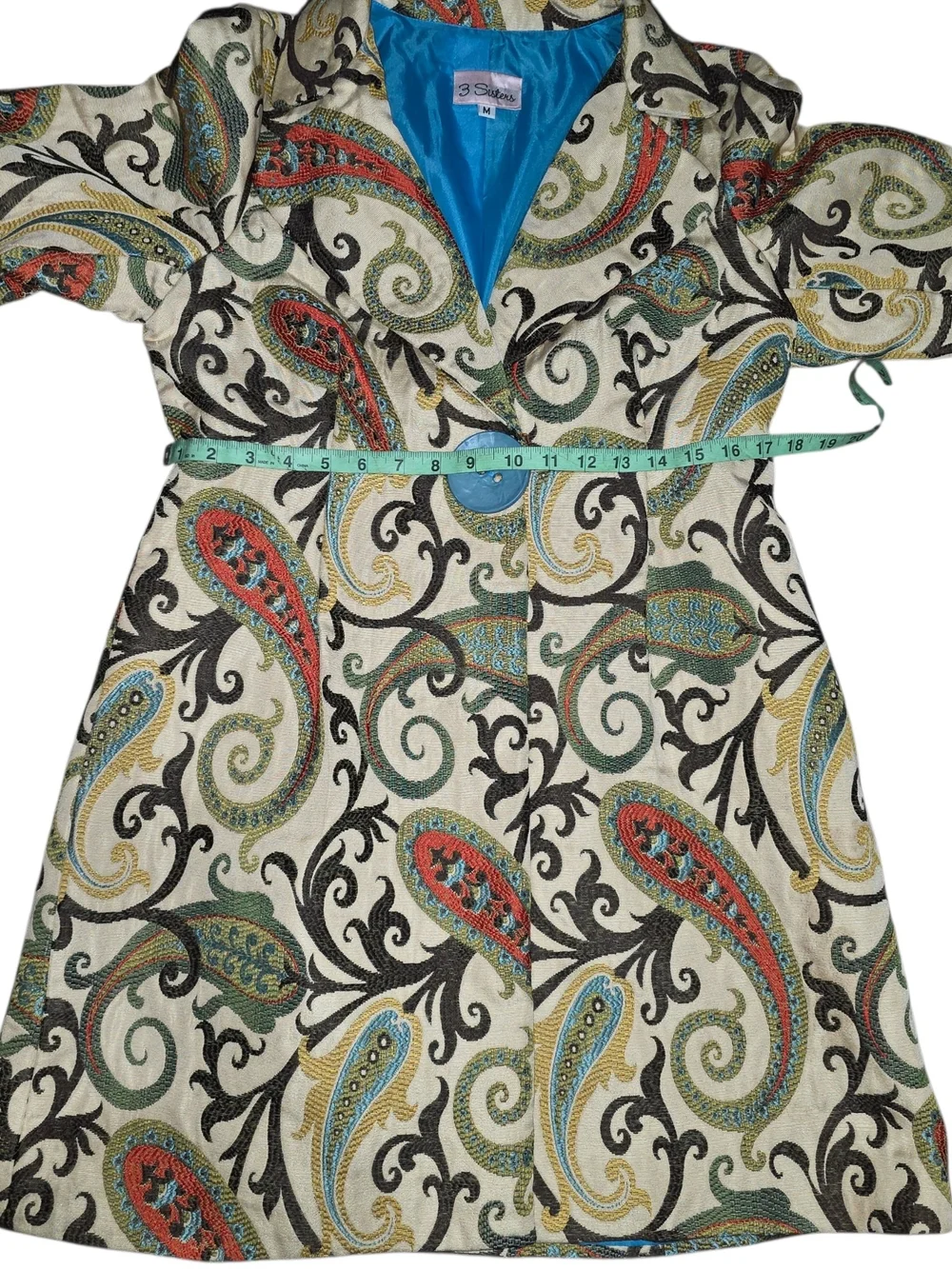 3 Sisters Paisley Tapestry Coat Jacket Medium Blue Button Lined Boho Chic